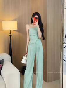 韩系富家千金套装女夏季新款御姐范吊带性感上衣高腰阔腿裤两件套