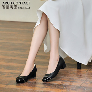 粗跟舒适通勤单鞋 安启美奈2021春季 复古小香风羊皮高跟鞋 女鞋 新款