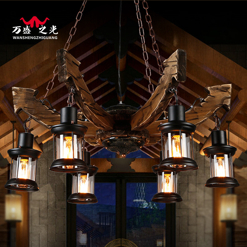 美式复古风餐厅吊灯船木实木灯具