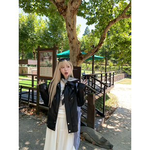 ski by Tannin赤兔 rose腔调复古翻领廓形宽松显瘦夹克pu皮衣外套