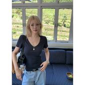 Tannin赤兔全员自留 ski 十字捏褶天丝亚麻百搭显瘦V领T恤女夏