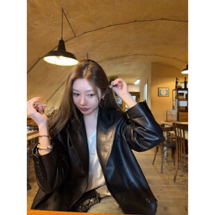 枪驳领进口绵羊皮宽松真皮皮衣夹克女 Tannin赤兔重磅款 ski