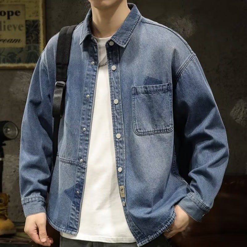 2025潮牌春季牛仔衬衫长袖春秋宽松灰色工装休闲衬衣复古外套男士