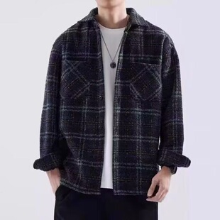粗纺小香风外套男士春秋新款高级感格子潮牌衬衫翻领痞帅宽松夹克