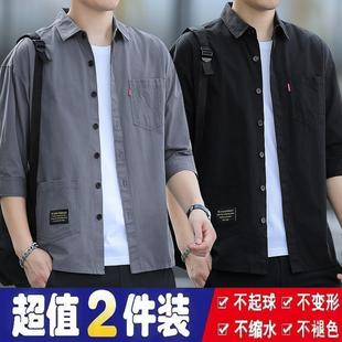 潮2026工装 七分短袖 春夏季 男士 多口袋衬衣潮流痞帅气休闲外套 衬衫