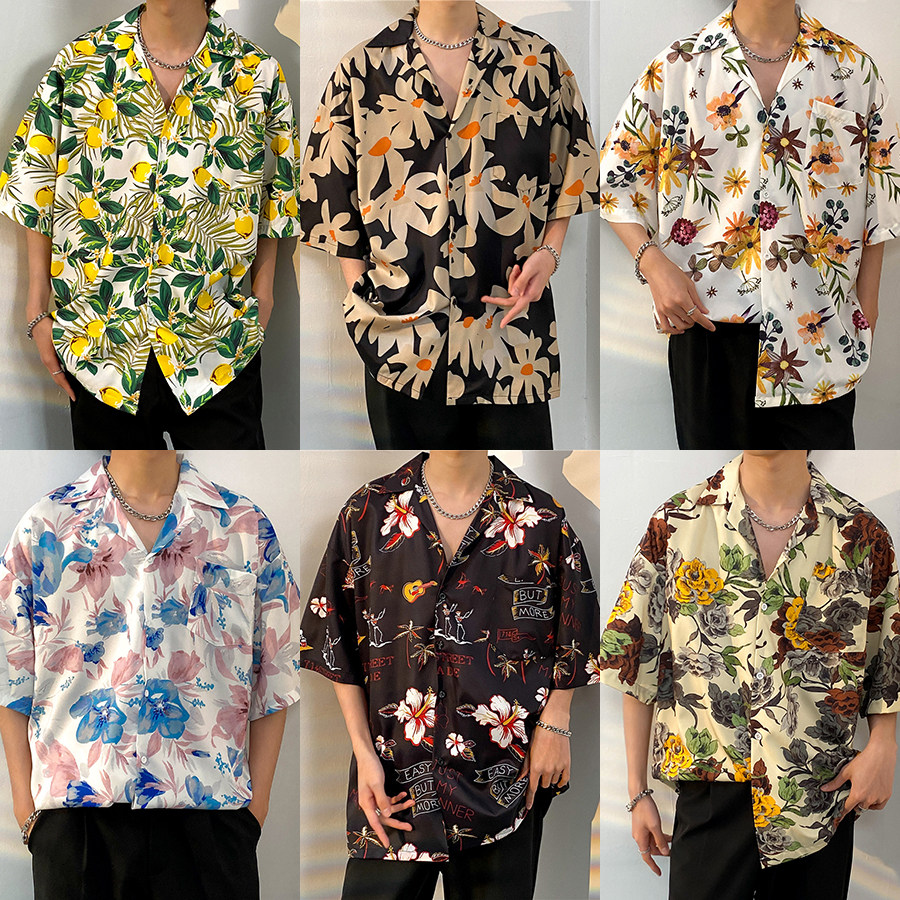 复古百搭古巴领印花短袖衬衫港风vintage夏威夷衬衣情侣沙滩外套