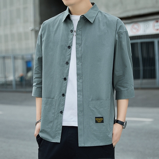 春夏季新款七分袖男士衬衫韩版宽松潮流百搭工装短袖衬衣外套潮