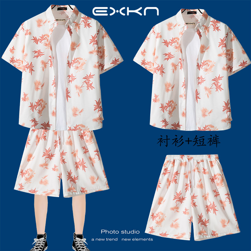 夏季短袖衬衫男港风学生宽松潮牌衬衣韩版潮流百搭上衣服套装痞帅