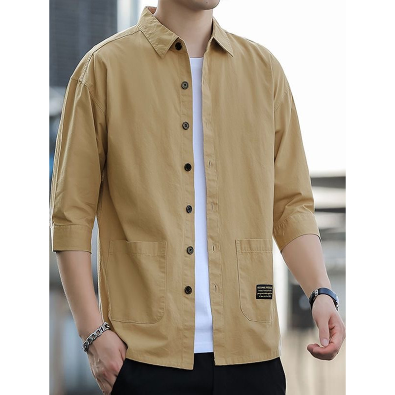 衬衫男士七分袖韩版宽松潮流休闲半袖夏季中袖上衣男衬衣工装短袖