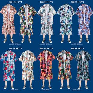 港风复古痞帅短裤 夏威夷沙滩三亚花衬衫 宽松情侣套装 男士 衬衣 短袖