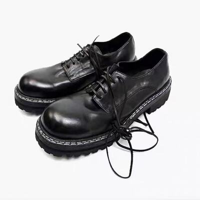 GR02V头层牛皮双线手缝狗牙底大头厚底增高德比皮鞋