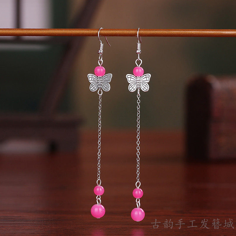 复古天然仿玉珠子耳环耳饰饰品耳夹古典汉服配饰蝴蝶流苏耳坠长款