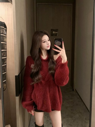 圣诞穿搭红色长袖毛衣针织衫女冬季氛围感套装辣妹吊带背心两件套