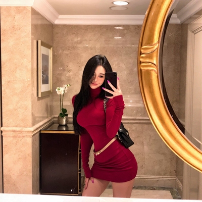 圣诞穿搭红色高领长袖连衣裙女冬季内搭裙辣妹风修身裙子包臀短裙