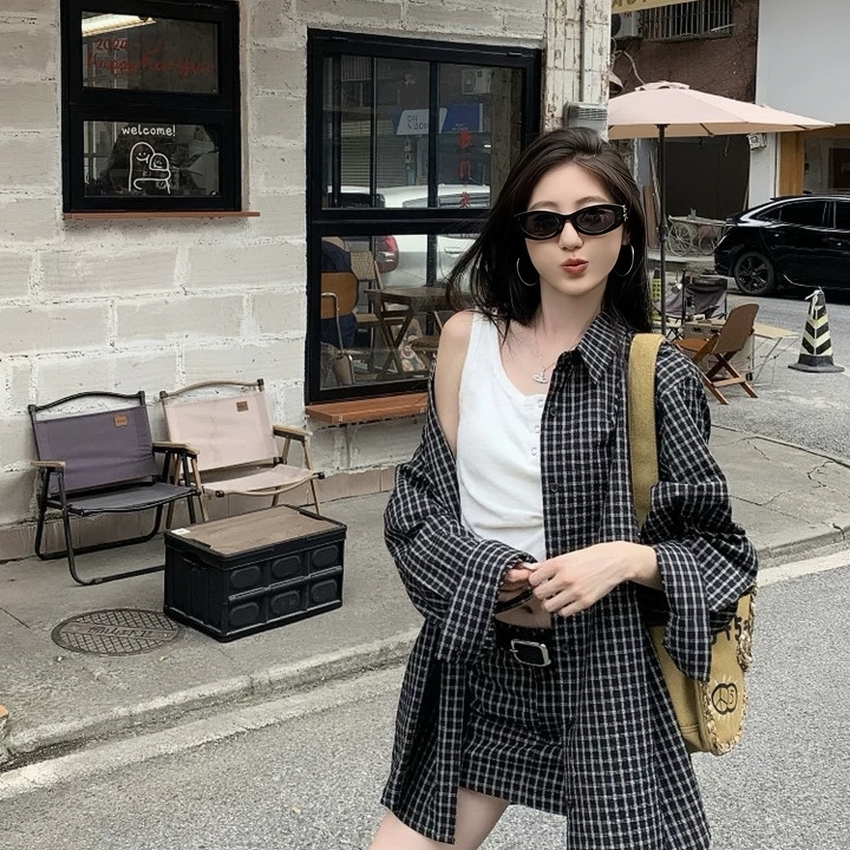 及时雨-ins设计感格子宽松防晒衬衫+高腰显瘦a字半身裙套装A85427