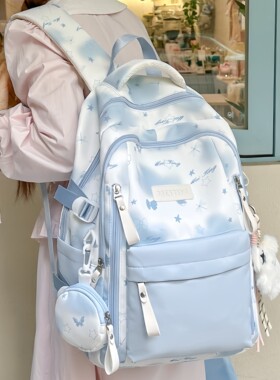 日本品质书包初中女生蓝色ins风高中生高颜值新款女大容量双肩包