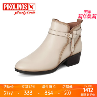 Pikolinos派高雁冬季牛皮圆头粗跟纯色侧拉链短靴PA251416