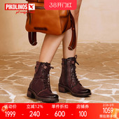 Pikolinos派高雁冬季 擦色牛皮圆头粗跟系带马丁靴PA230803