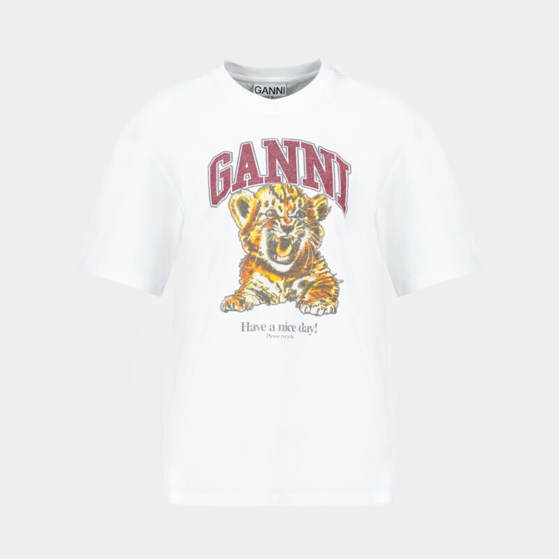 Ganni 串珠小老虎印花T恤 - 纯棉 - 白色