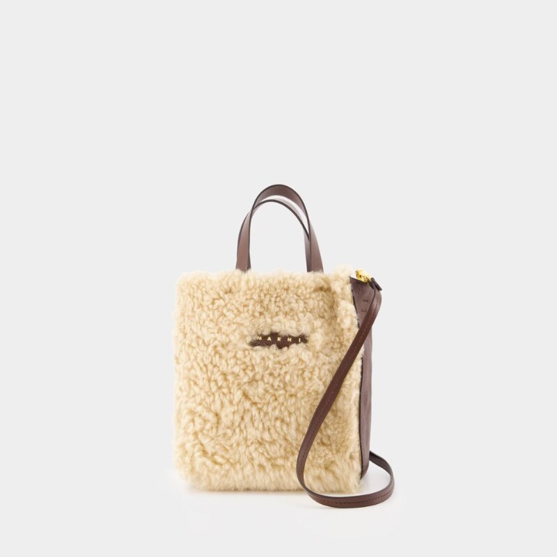玛尼 Marni Museo Soft Mini Montone 购物袋 - 皮质 - 米色 - 实物图