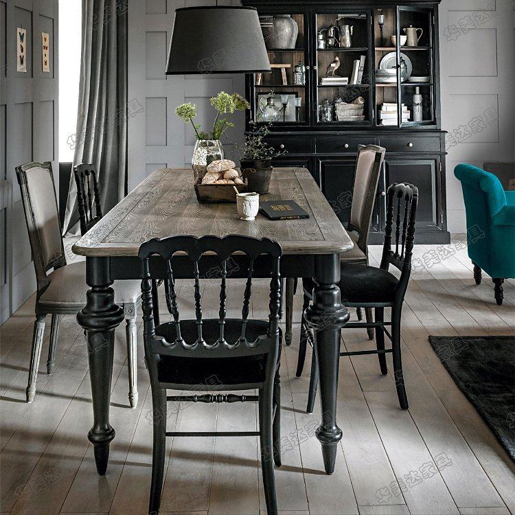 实木餐桌美式乡村复古黑色长方形饭桌6人餐台简约家用样板房家具