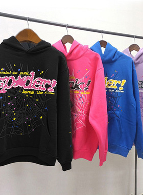 美式街头嘻哈宽松加绒卫衣连帽衫男女蜘蛛Sp5der hoodies印花外套