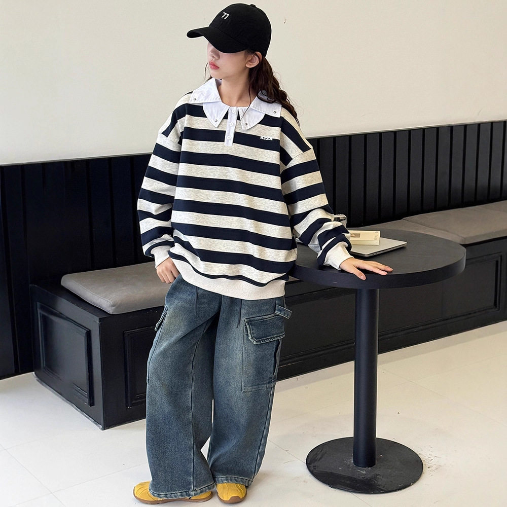 女童冬装卫衣2025新款儿童洋气条纹polo衫女大童加绒加厚宽松上衣