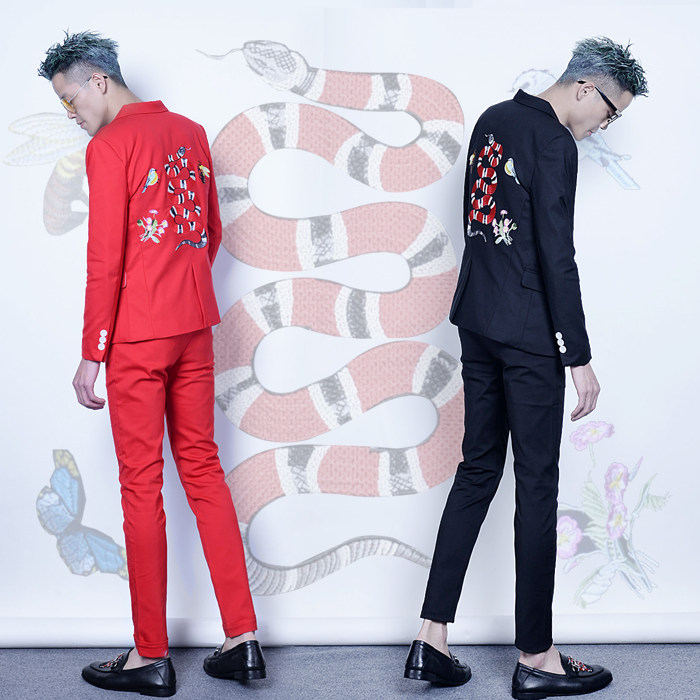 夏季潮男发型师休闲西装男春季2017新款薄款修身套装刺绣韩版夜店