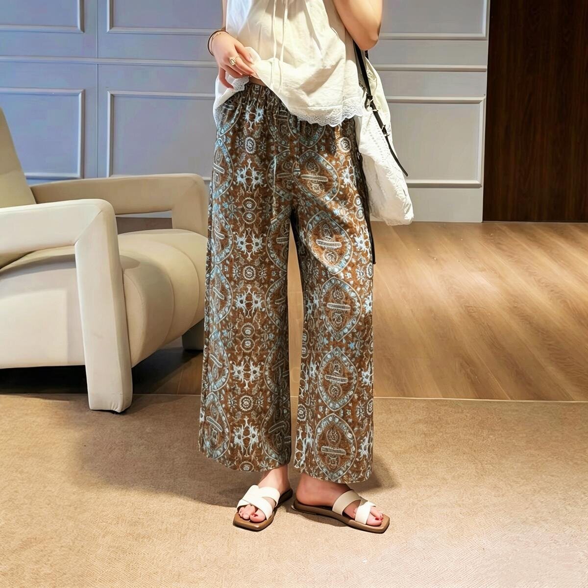 老钱风奶奶阔腿裤女秋季新款复古印花九分直筒裤薄百搭宽松休闲裤
