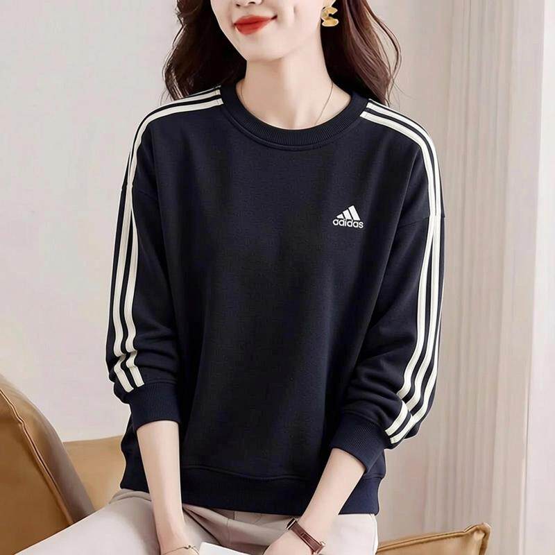 阿迪达斯黑色卫衣女上衣秋季新款宽松运动韩版纯棉针织打底套头衫