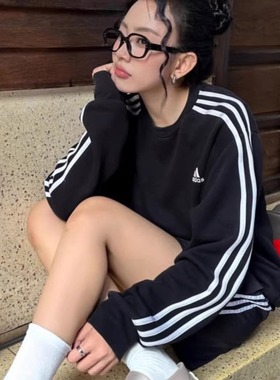 正品阿迪达斯女卫衣三条杠刺绣logo加绒保暖套头衫HZ5744 IM0206