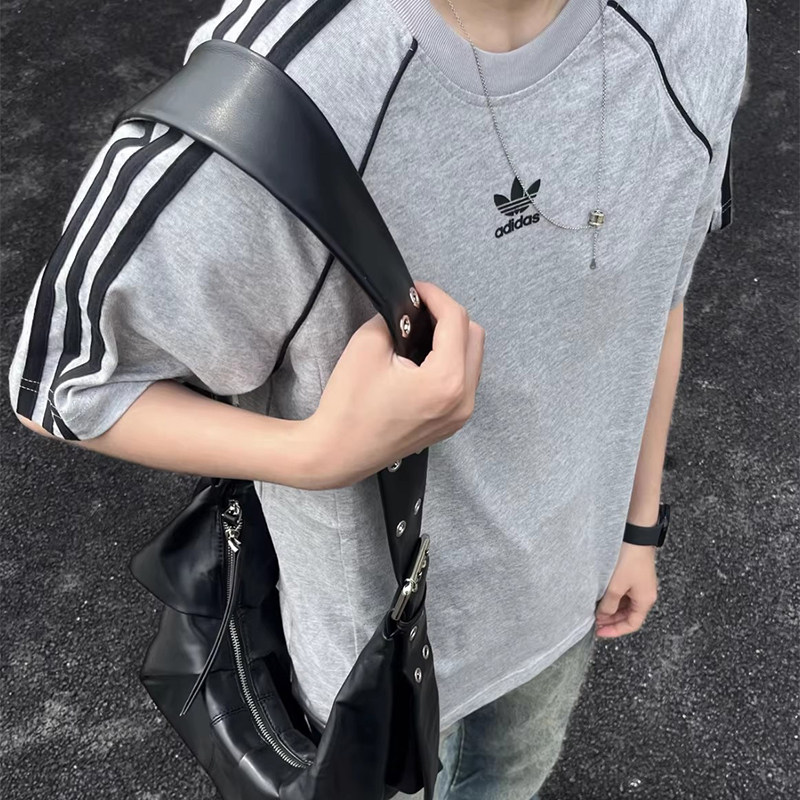 adidas三叶草正品短袖男女同款三条杠纯棉透气休闲半袖灰色T恤潮