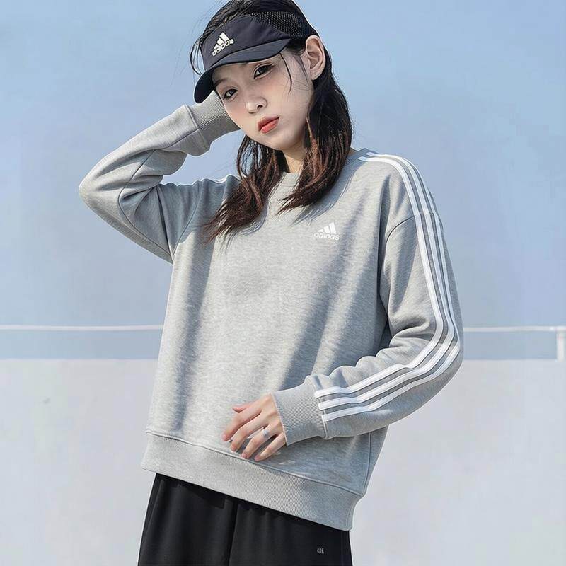 阿迪达斯灰色卫衣女秋季三条纹复古防风针织保暖运动美式纯棉上衣