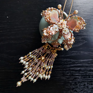 墨涧花饰品 粉蝶贝叠花大蝴蝶发钗发夹古风流苏汉服发饰原创设计