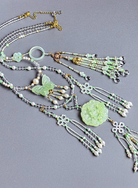 墨涧花新中式岫玉珍珠璎珞项链