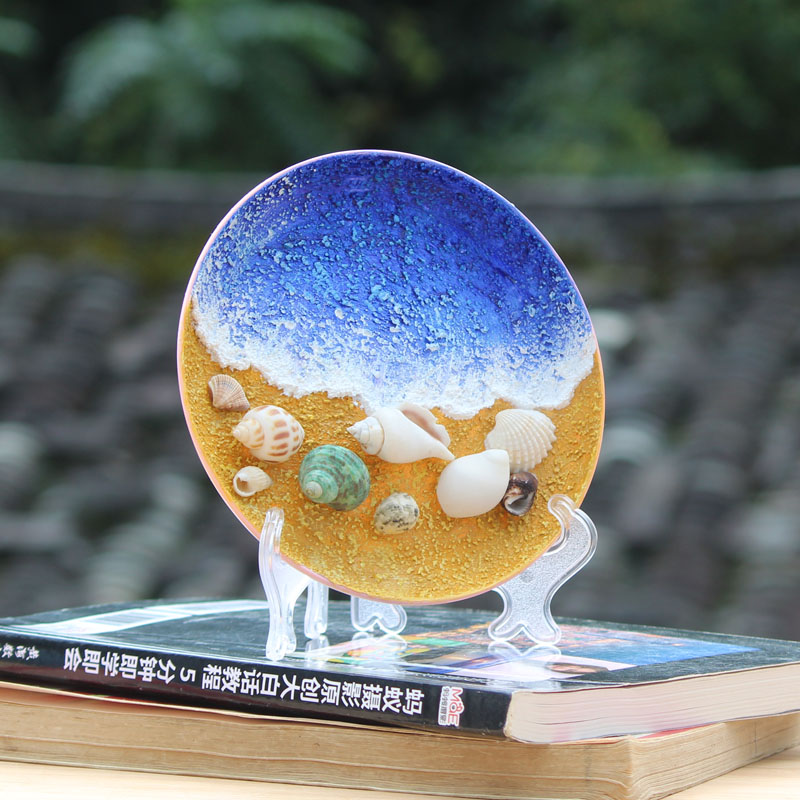 新品手工纯手绘盘子装饰丙烯画大海沙滩刮刀肌理客厅书房桌面摆台图片