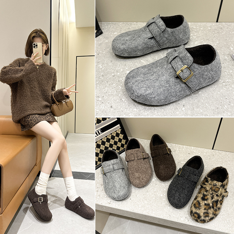 厚底加绒毛毛女鞋复古一脚蹬