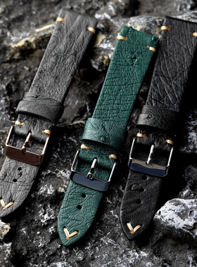 手工鸵鸟皮表带18 19 20 21 22MM柔软黑绿灰色高端真皮表链复古风