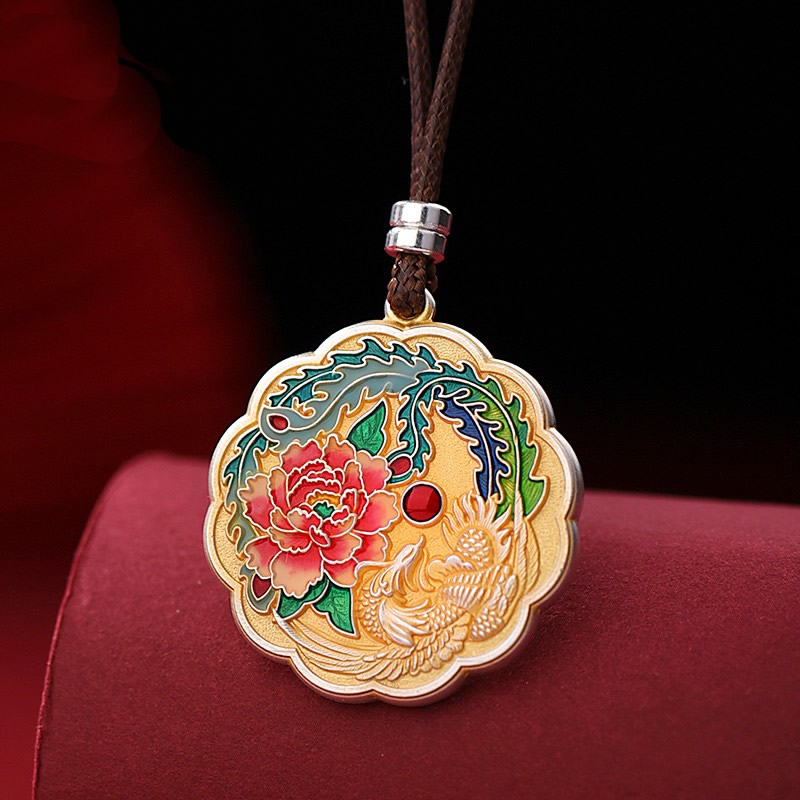 999足银珐琅凤凰牡丹吊坠