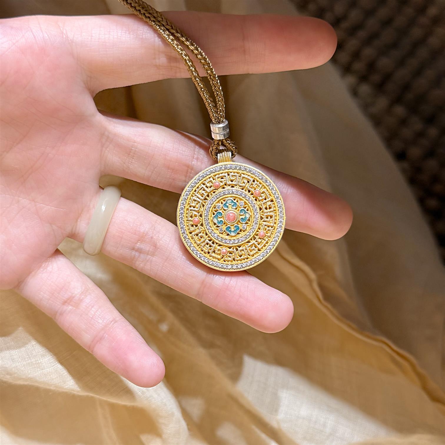 足银9999珐琅彩描金八宝罗盘项链