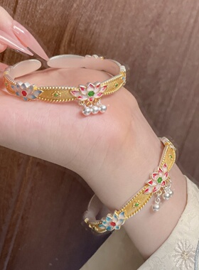 新中式足银999.9描金珐琅彩莲花手镯国潮铃铛吊坠开口镯子送女友