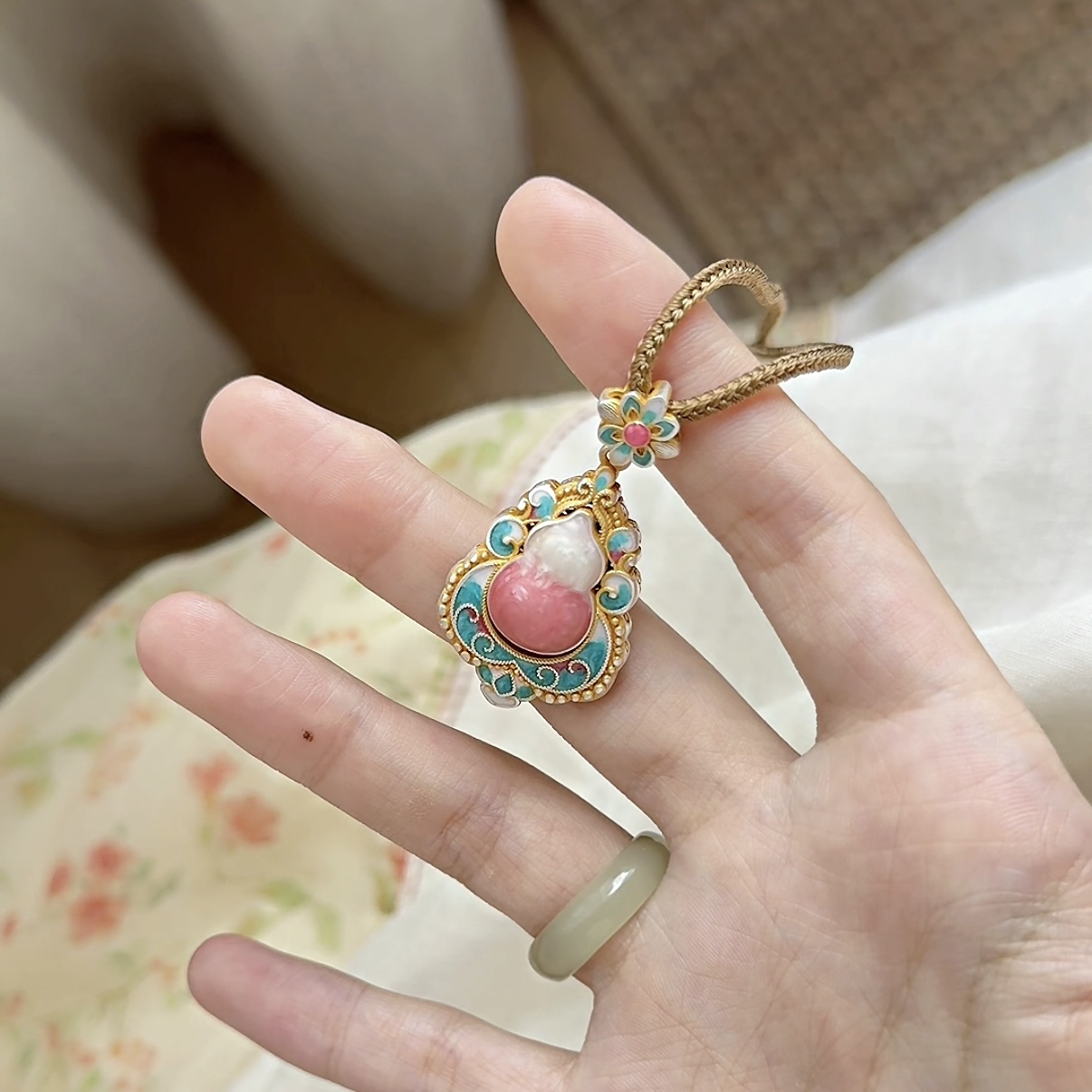 足银9999珐琅彩葫芦花项链