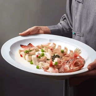 中式简约纯白陶瓷椭圆大号蒸鱼盘龙虾海鲜盘酒店饭店特色创意餐具
