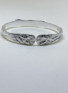 原创百合花银手镯足银9999银手镯复古手镯