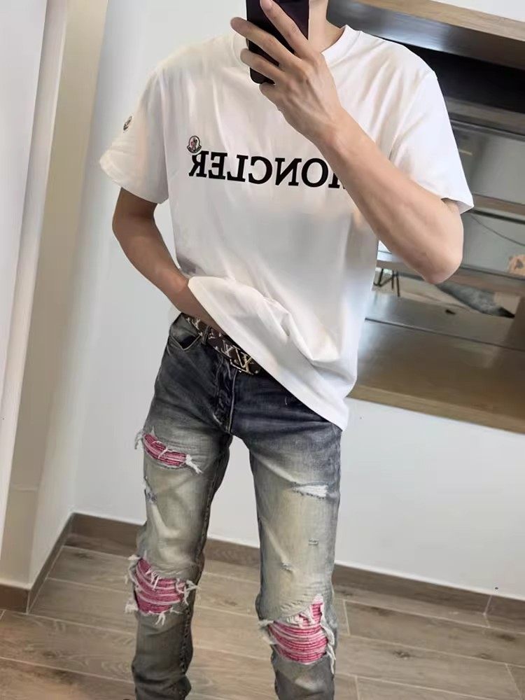 新款欧美破洞弹力补丁修身小脚裤
