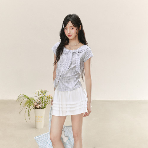 LENNEA斜门襟衬衫短袖格纹T恤女夏季翻领修身收腰浅灰色格子上衣