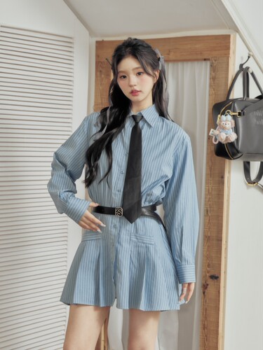 法式条纹衬衫连衣裙女