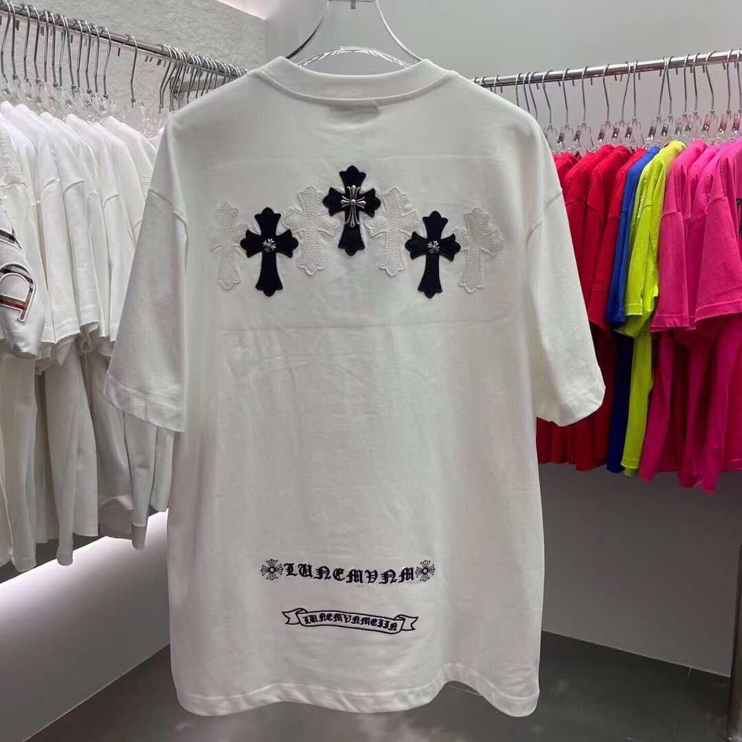 ins潮牌夏季新款十字架银饰拼皮刺绣短袖男女同款宽松休闲时尚T恤