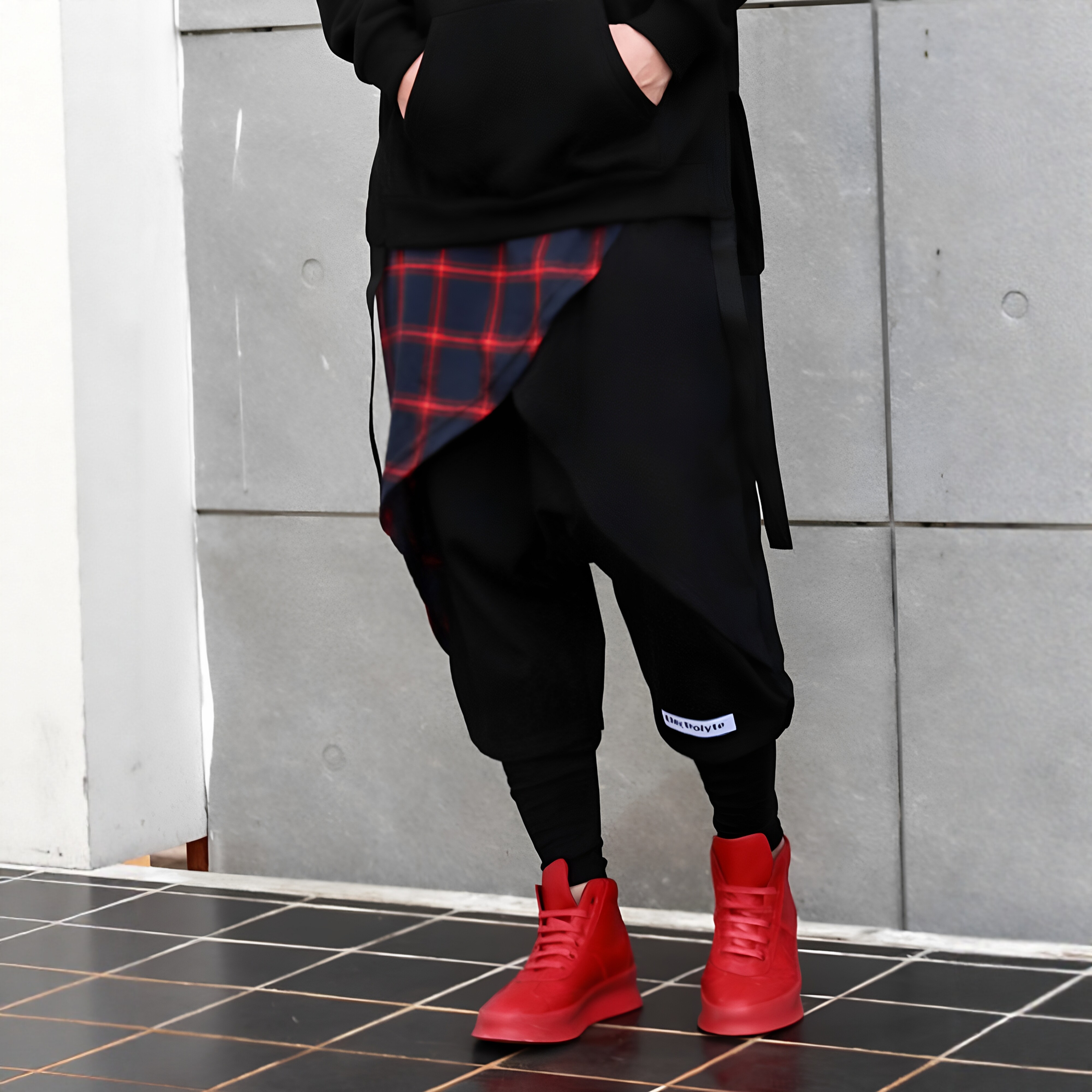 秋季山本风黑暗系嘻哈裙裤小众设计男黑武士裤子格子假两件九分裤