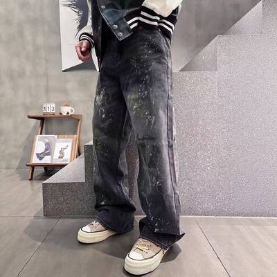 新款秋冬现货手绘涂鸦牛仔裤阔腿裤直筒洗水情侣款慵懒风潮牌高货